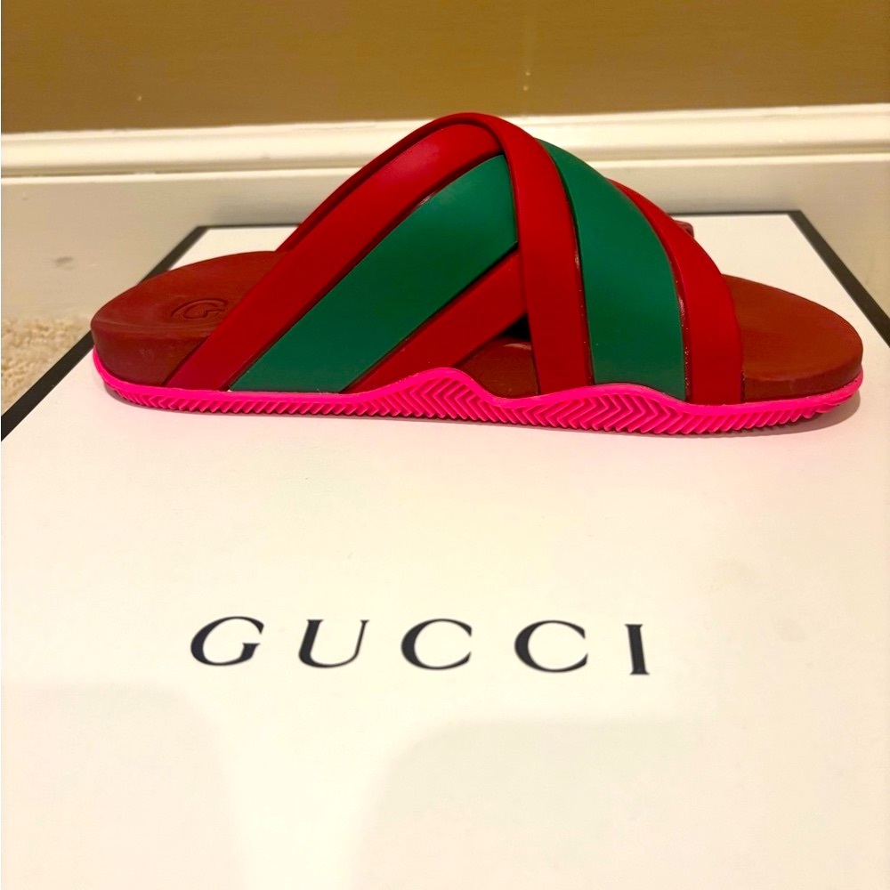 Gucci Red and Green Crisscross web Slides - Picture 4 of 10